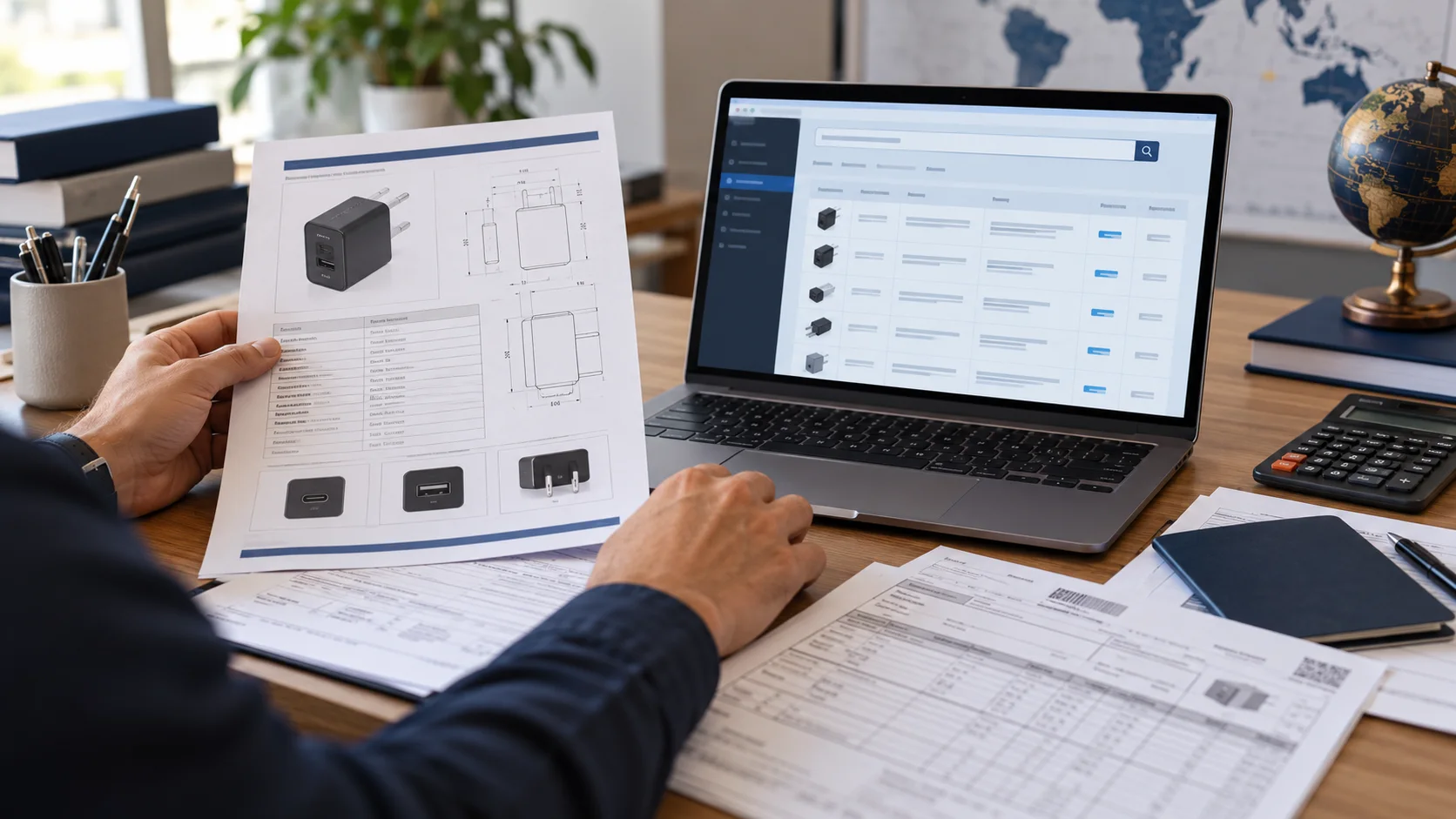 Analista compara ficha técnica e documentos de importação enquanto consulta uma interface ilustrativa de classificação fiscal no notebook