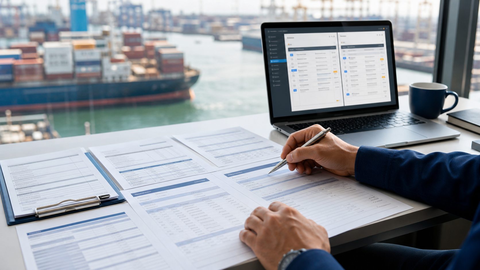 Profissional comparando documentos de importação com apoio de um sistema digital diante de um terminal portuário