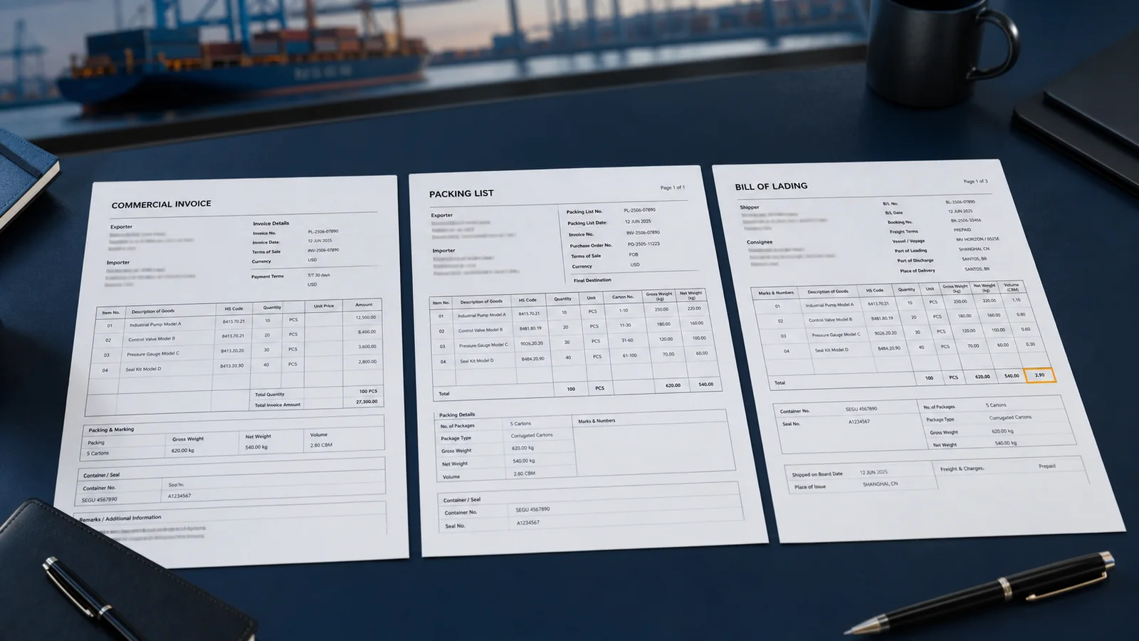 Commercial Invoice, Packing List e Bill of Lading lado a lado para conferência documental
