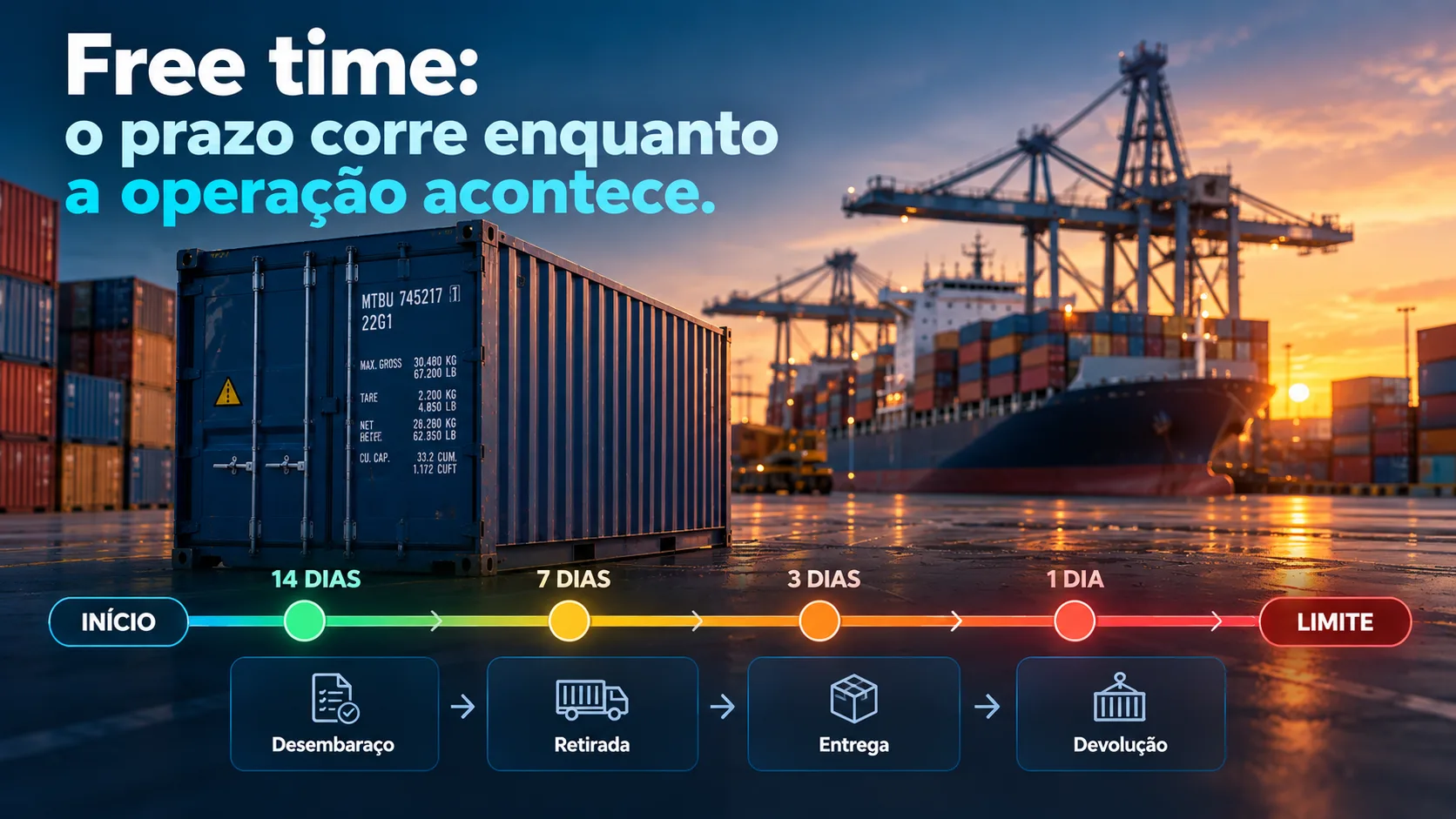 Linha do tempo do free time de um container, com os dias restantes sendo consumidos pelas etapas da importação