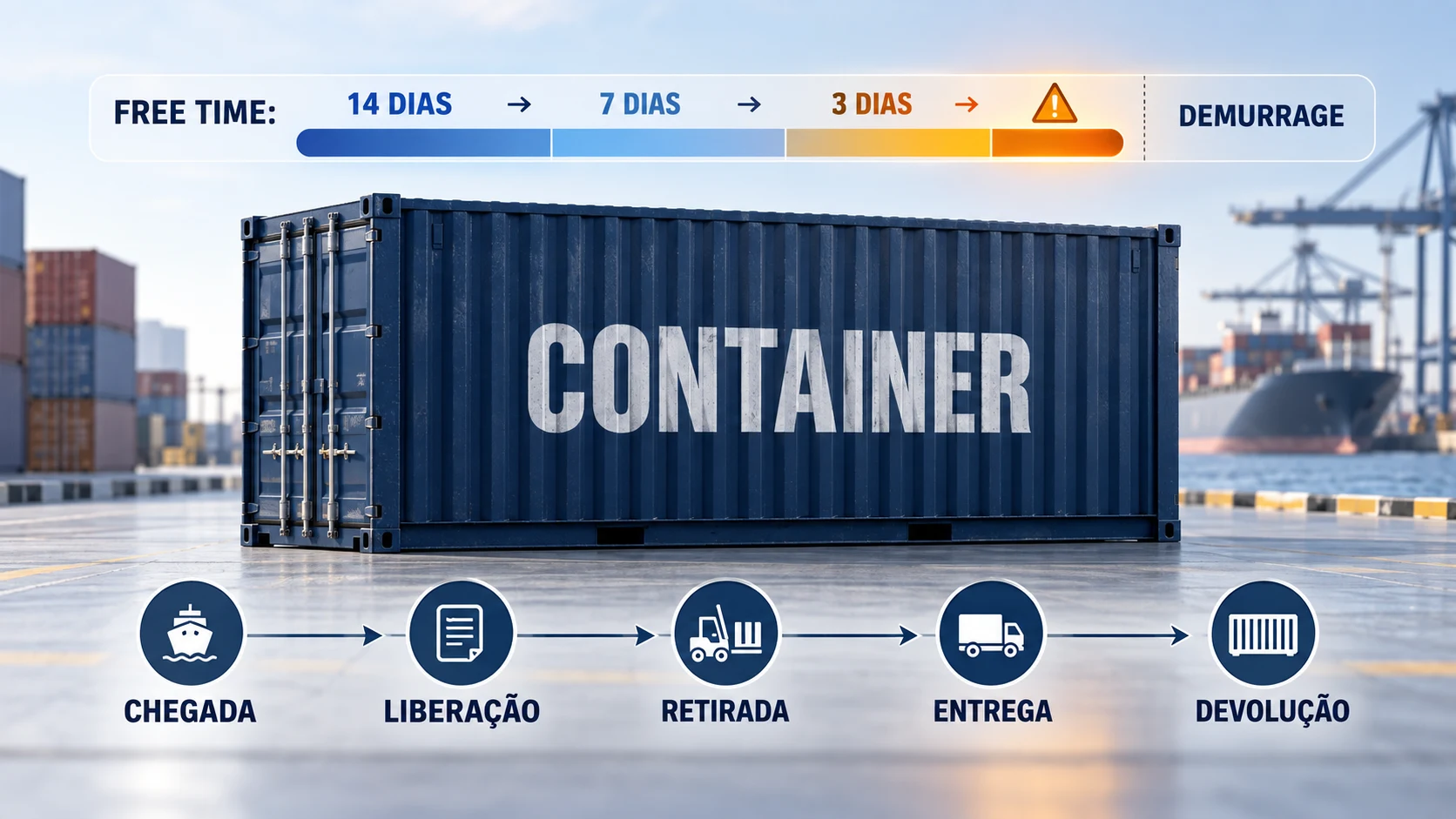 Container marítimo com linha do tempo operacional e contagem regressiva do free time até o risco de demurrage